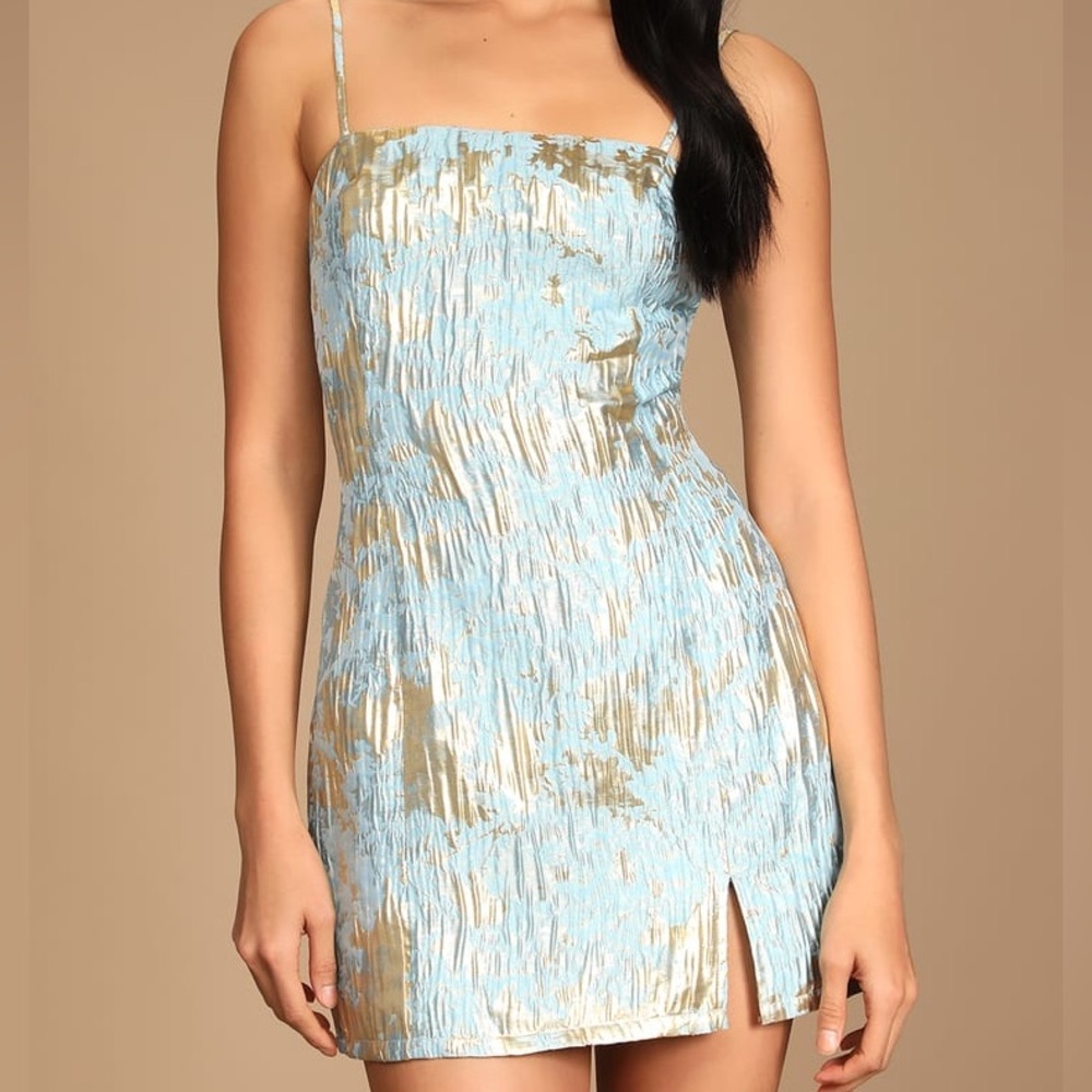 Lulus Sweetest Sensation Light Blue and Gold Jacquard Mini Dress XL